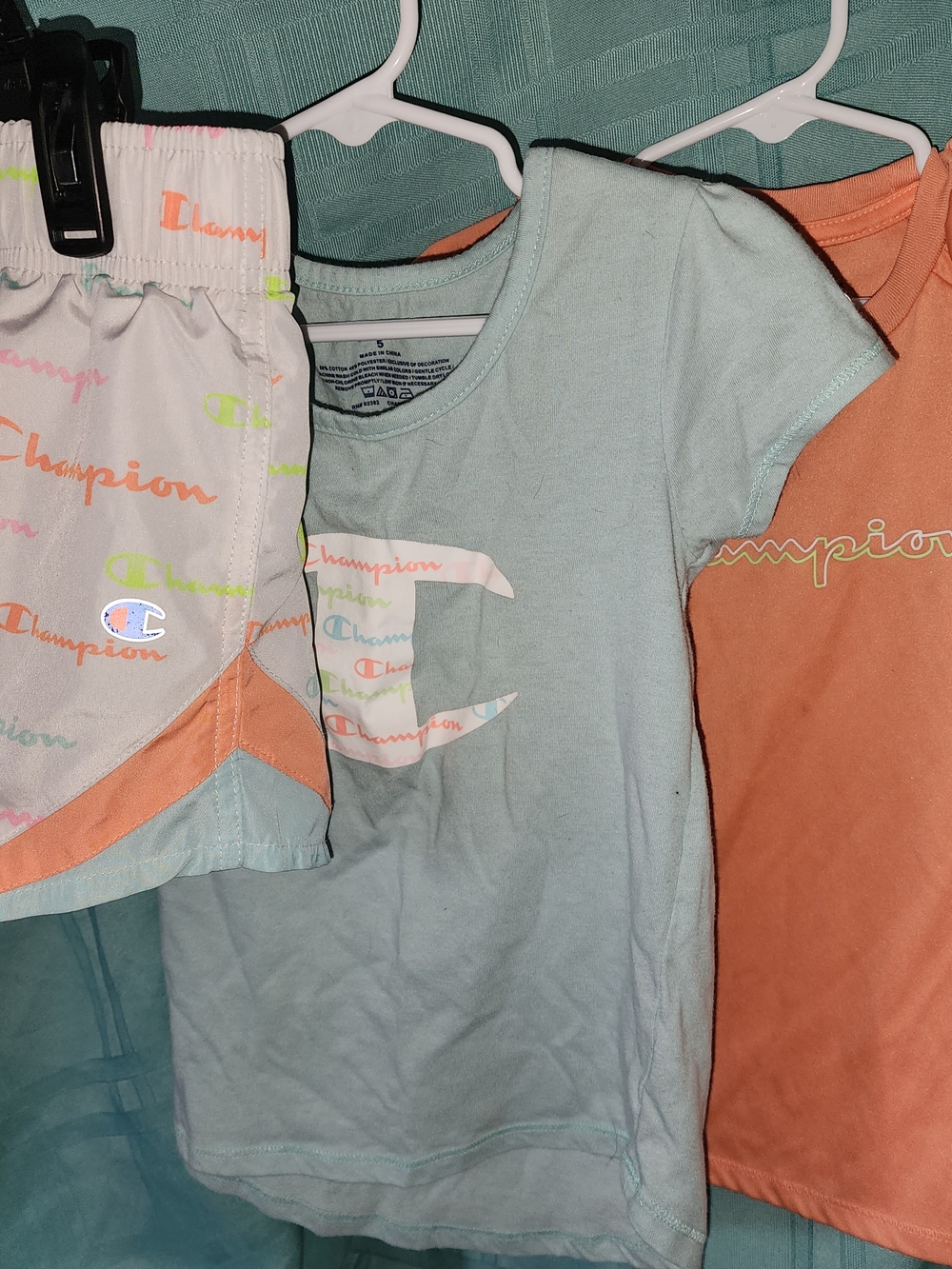 Champion Kids Short Sleeve Tee & Shorts Set - Aqua Blue & Peach Size 5